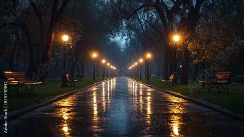 At night, the park scene is filled with pouring rain, wet roads and standing water. Under the illumination of street lamps, trees and benches are fully displayed.