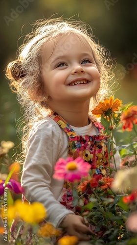 A lovely little girl, in the garden flowers, happy laughter, sunshine, healing,nikon d850, soft realism, ferrania p30, vibrant and colorful, childlike innocence and charm 8K  photo
