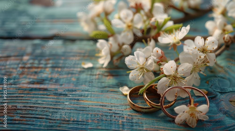 Fototapeta premium Wedding rings. Spring. Flowering branch on wooden surface.