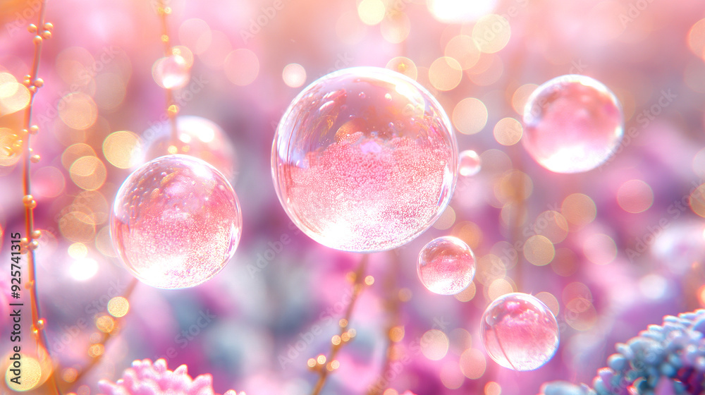Abstract clear glass crystal ball with bead inside flower pastel pink with bubble and blurred lighting Abstract clear glass crystal ball with bead inside flower pastel pink with bubble and blurred lighting