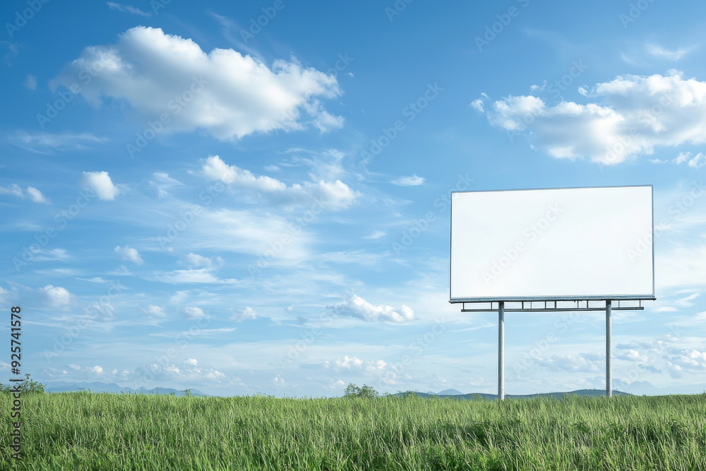 A blank billboard standing in a green field under a clear blue sky with fluffy clouds, perfect for advertising opportunities. A blank billboard standing in a green field under a clear blue sky with fluffy clouds, perfect for advertising opportunities.