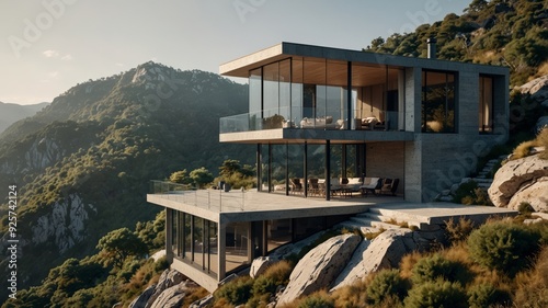 a modern glass house perched on a cliffside in the mountains