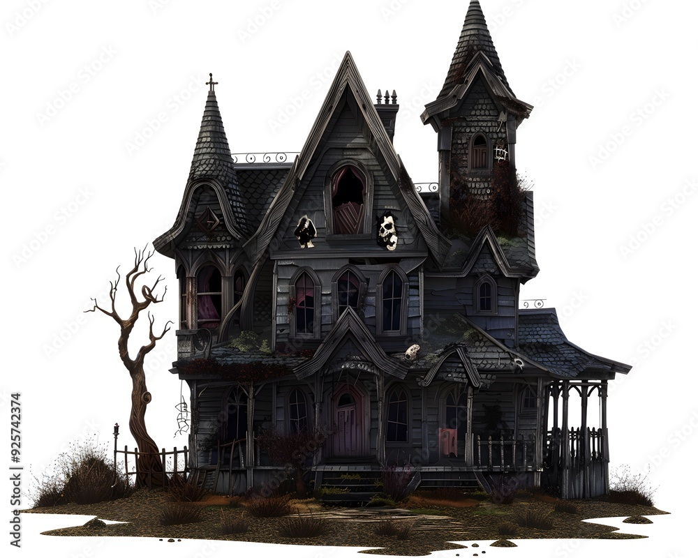 A spooky, abandoned haunted house with Gothic architecture, perfect for Halloween themes. The illustration features eerie details. A spooky, abandoned haunted house with Gothic architecture, perfect for Halloween themes. The illustration features eerie details.