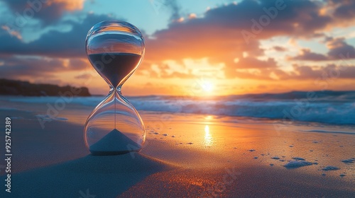 Large Hourglass on a Beach at Sunset with Sand Flowing, Casting Dramatic Shadows Against a Serene Ocean Background, Evoking Themes of Peace and Transience