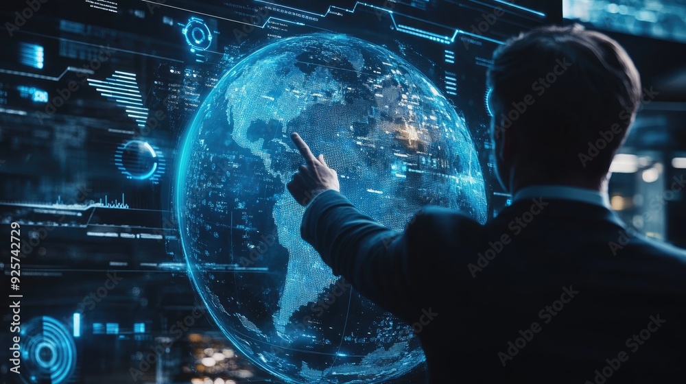 A businessman pointing at a digital globe with global business trends displayed. A businessman pointing at a digital globe with global business trends displayed.