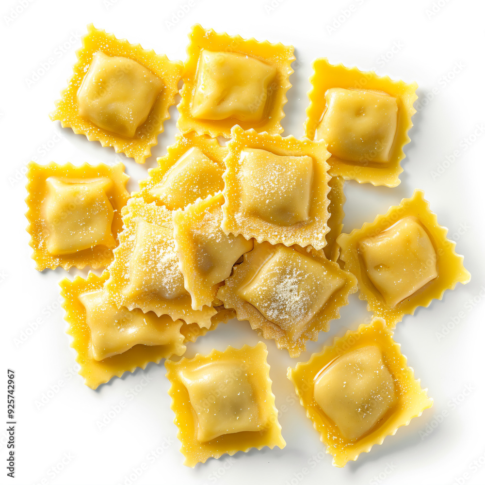 a pile of pasta ravieroli with a few pieces cut out a pile of pasta ravieroli with a few pieces cut out