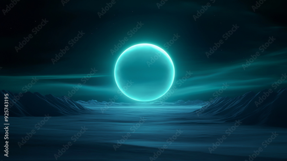 Fototapeta premium A surreal depiction of a glowing sphere illuminating a dark landscape, evoking a sense of mystery and tranquility.