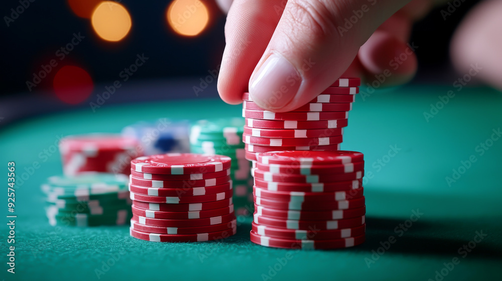 Close-up of a hand stacking red poker chips on a green table, capturing the excitement of casino gaming. Close-up of a hand stacking red poker chips on a green table, capturing the excitement of casino gaming.