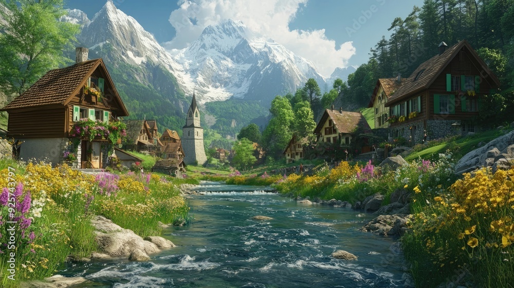 Fototapeta premium A charming Swiss village nestled in a valley, with a river stream flowing through, surrounded by mountains and meadows, showcasing the natural beauty of Switzerland.
