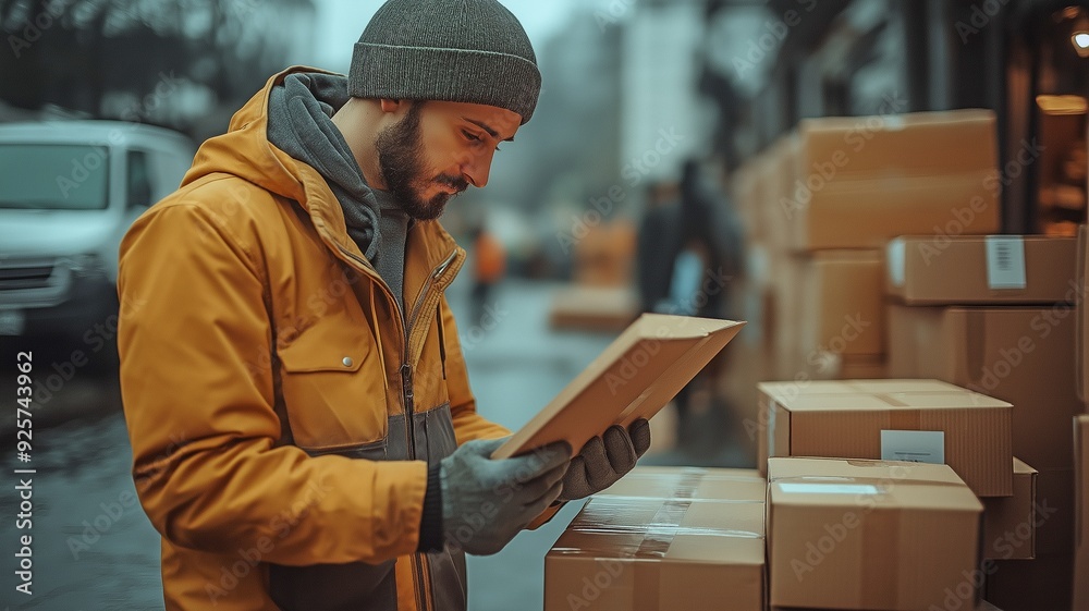 The courier is verifying the package for delivery. The courier is verifying the package for delivery.