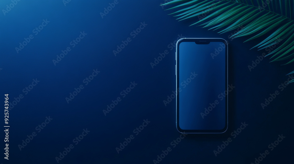 Stylish smartphone on a dark background with palm leaf accents, perfect for technology and lifestyle themes. Stylish smartphone on a dark background with palm leaf accents, perfect for technology and lifestyle themes.