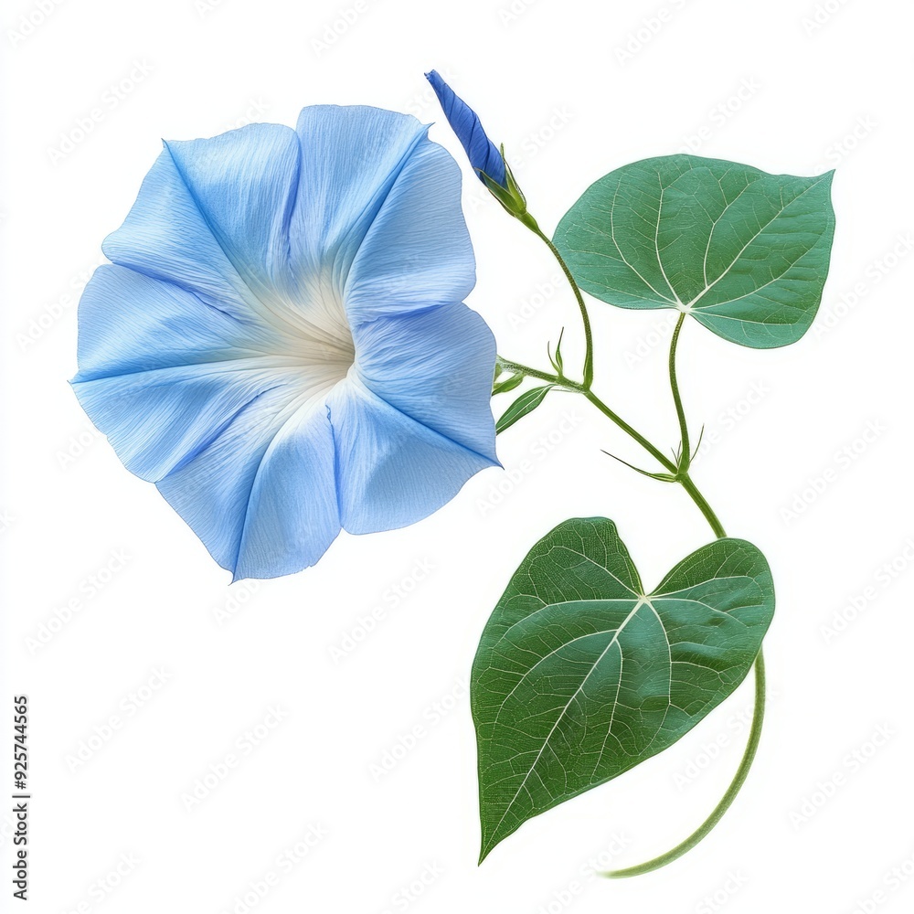 Close up of blue morning glory flower and leaves on an isolated white background Close up of blue morning glory flower and leaves on an isolated white background