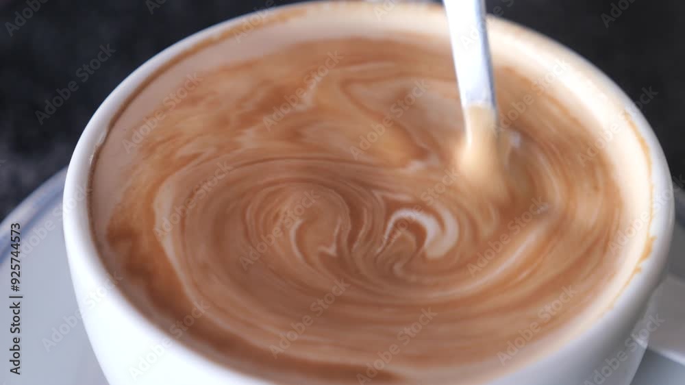 person hand stirring coffee with spoon. person hand stirring coffee with spoon.