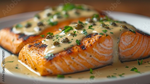 The picture shows two well cooked salmon fillets, topped with a creamy caper sauce and some fresh parsley for decoration.