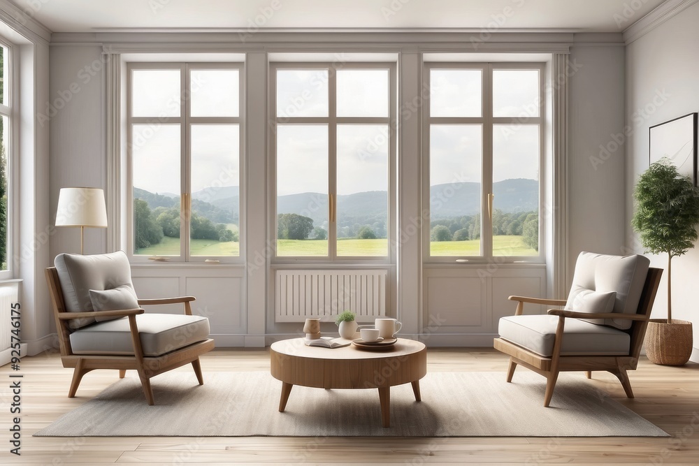 Modern Living Room with Two Armchairs, a Coffee Table, and a View of a Mountainous Landscape Through Large Windows