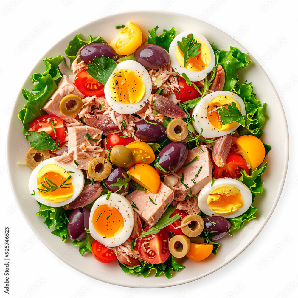 a plate of salad with hard boiled eggs olives tomatoes and ham a plate of salad with hard boiled eggs olives tomatoes and ham