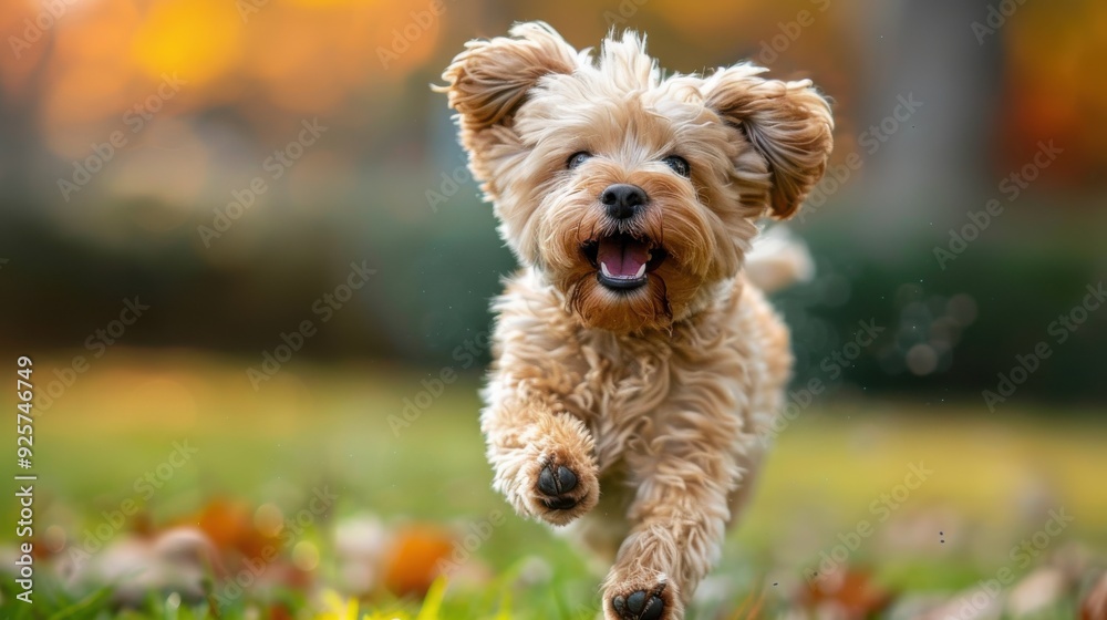 A joyful small dog with curly fur leaps towards the camera in a sunlit park, surrounded by a warm bokeh background. A joyful small dog with curly fur leaps towards the camera in a sunlit park, surrounded by a warm bokeh background.