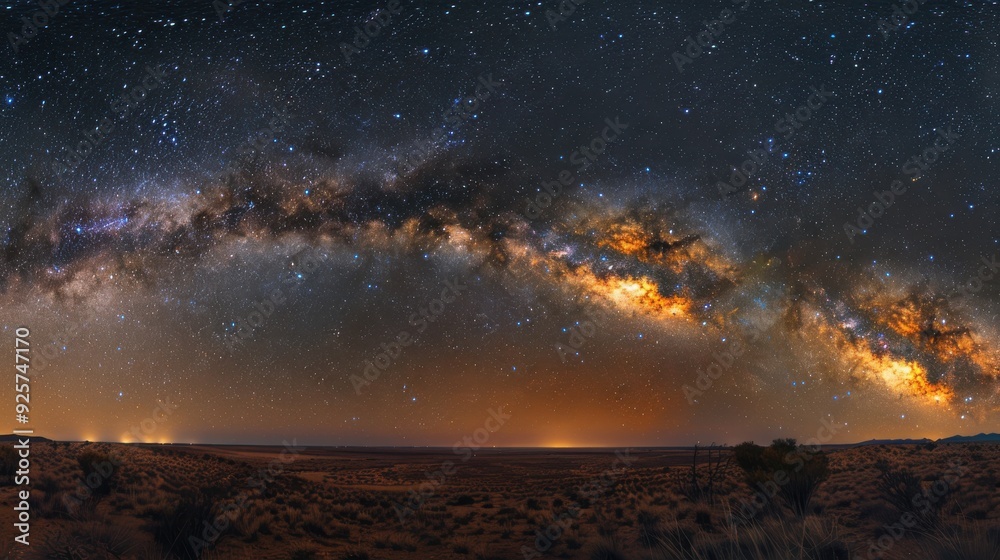 A breathtaking view of the Milky Way arching over a serene landscape at dusk, with countless stars illuminating the night sky. A breathtaking view of the Milky Way arching over a serene landscape at dusk, with countless stars illuminating the night sky.