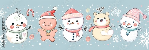 A cute, kawaii style illustration featuring adorable holiday characters like chibi reindeer, snowmen, and gingerbread cookies in pastel colors photo