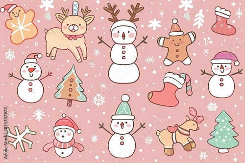 A cute, kawaii style illustration featuring adorable holiday characters like chibi reindeer, snowmen, and gingerbread cookies in pastel colors photo