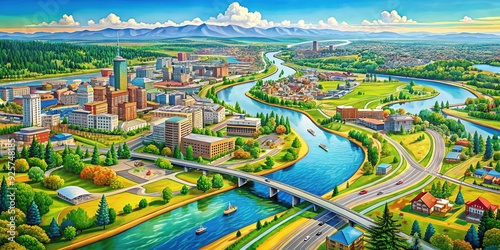 Vibrant colored map of Spokane, Washington, highlighting major roads, rivers, and landmarks, including the Spokane River and Riverfront Park. photo