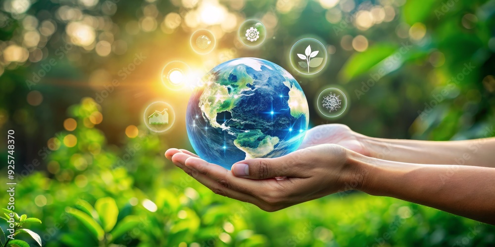 A person is holding a globe in their hand, surrounded by various symbols A person is holding a globe in their hand, surrounded by various symbols