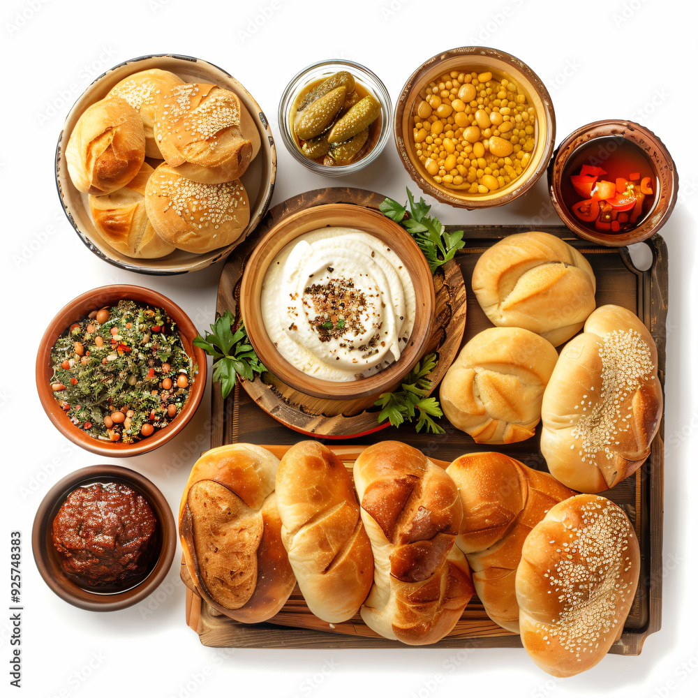 a tray of breads dips and other foods a tray of breads dips and other foods