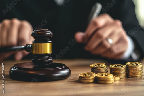 Law - Gavel and golden coins on a table