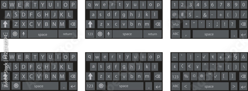 Set of smartphone keyboard in dark mode, keypad alphabet, numerals buttons in trendy modern flat styles, mobile phone tab concepts for black color text app vectors isolated on transparent background.