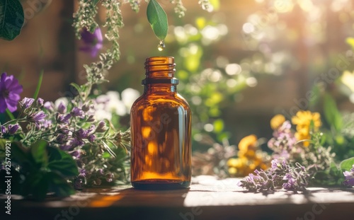 Essential Oil Bottle with Herbs and Sunlight