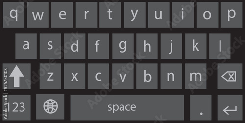 Smartphone keyboard in dark mode, keypad alphabet buttons in trendy modern flat style, mobile phone tab concept for black color text app vector illustration isolated on transparent background.