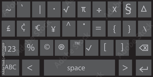 Smartphone keyboard in dark mode, keypad buttons in trendy modern flat style, mobile phone tab concept for black color text app vector illustration isolated on transparent background.
