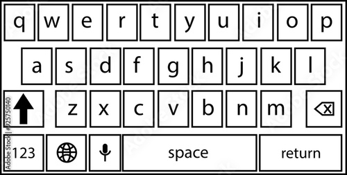 Smartphone keyboard in dark mode, keypad alphabet buttons in trendy modern Outline style, mobile phone tab concept for black color text app vector illustration isolated on transparent background.