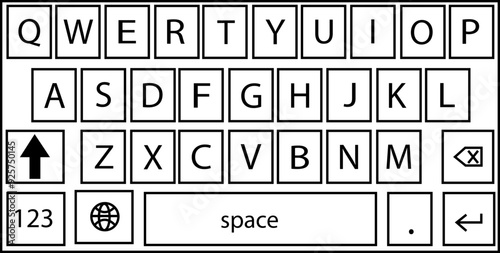 Smartphone keyboard in dark mode, keypad alphabet buttons in trendy modern Outline style, mobile phone tab concept for black color text app vector illustration isolated on transparent background.