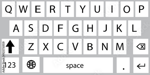 Smartphone keyboard in light mode, keypad alphabet buttons in trendy modern flat style, mobile phone tab concept for white color text app vector illustration isolated on transparent background.