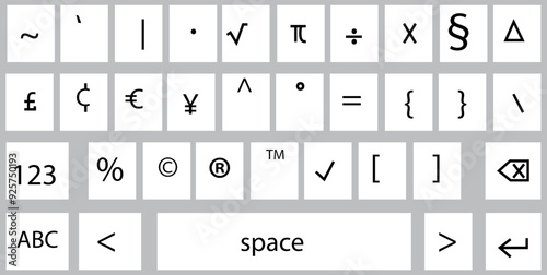 Smartphone keyboard in light mode, keypad buttons in trendy modern flat style, mobile phone tab concept for white color text app vector illustration isolated on transparent background.