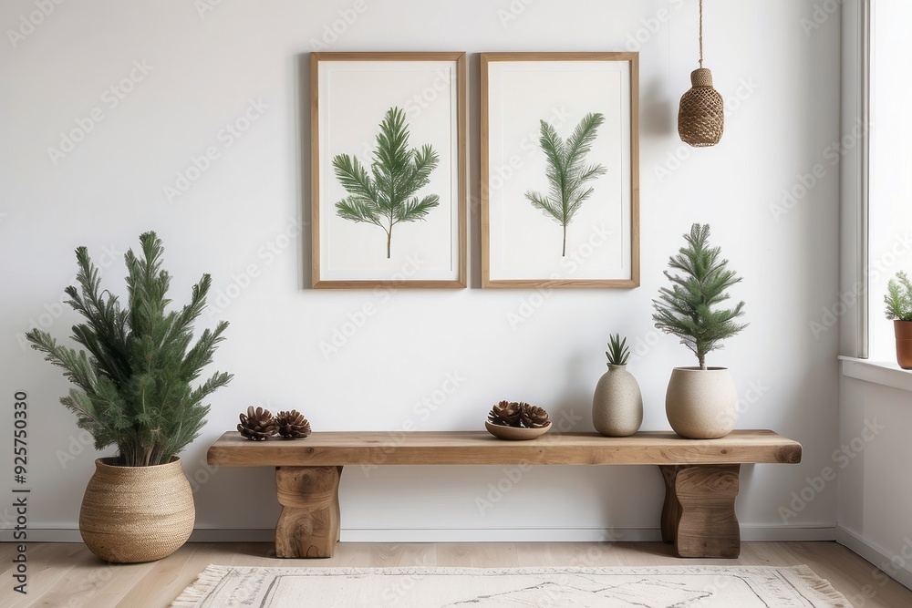 Wooden Bench with Greenery and Hanging Light in Minimalist Interior Wooden Bench with Greenery and Hanging Light in Minimalist Interior