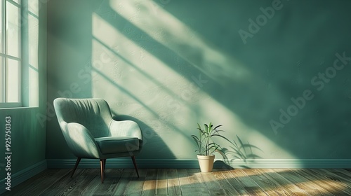 The image shows a green armchair in a room with green walls and plants. The room is lit by sunlight coming in through a window