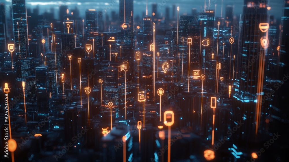 A futuristic cityscape with glowing icons representing business ideas around the world. A futuristic cityscape with glowing icons representing business ideas around the world.