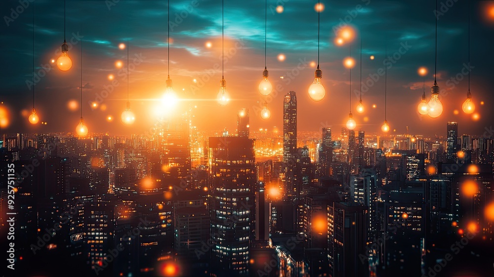 Fototapeta premium A futuristic cityscape with lightbulbs and business ideas spread across the world.