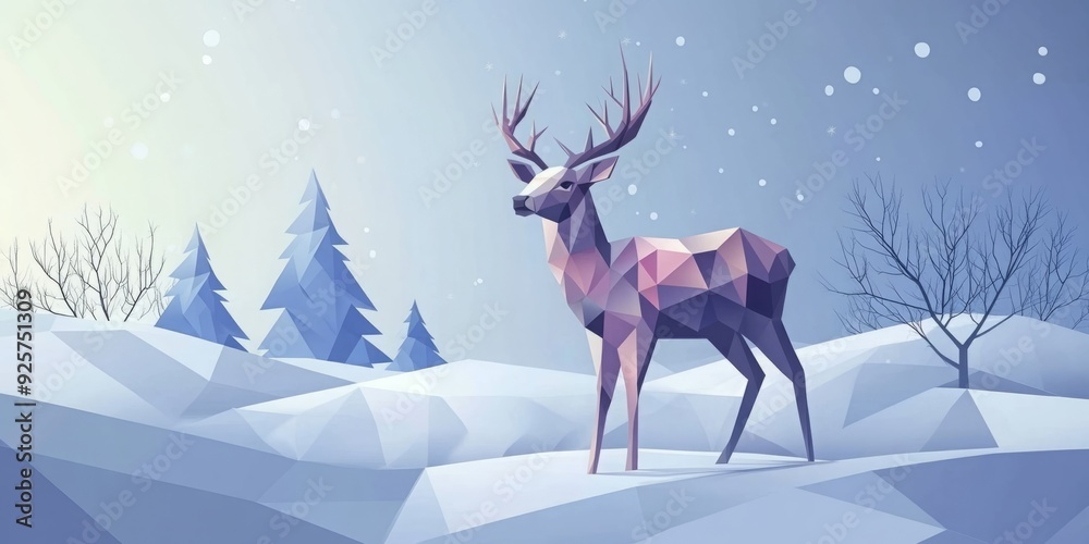 Geometric Majesty: A Deer Illustration Embracing the Winter Landscape in Polygonal Art Form Geometric Majesty: A Deer Illustration Embracing the Winter Landscape in Polygonal Art Form