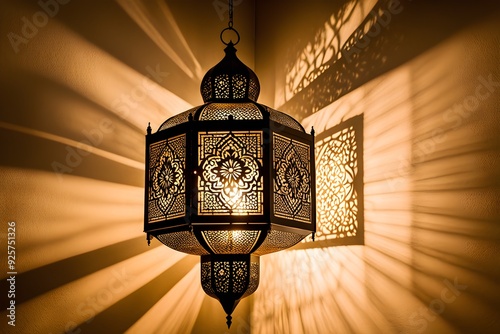 A lamp with a patterned shade casts a shadow on the wall