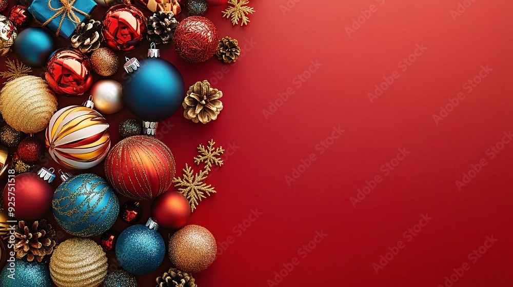 Christmas Ornament Border on Red: A festive border of colorful Christmas ornaments, pine cones, and gold accents, set against a vibrant red background, creates a joyful and celebratory atmosphere. Christmas Ornament Border on Red: A festive border of colorful Christmas ornaments, pine cones, and gold accents, set against a vibrant red background, creates a joyful and celebratory atmosphere.