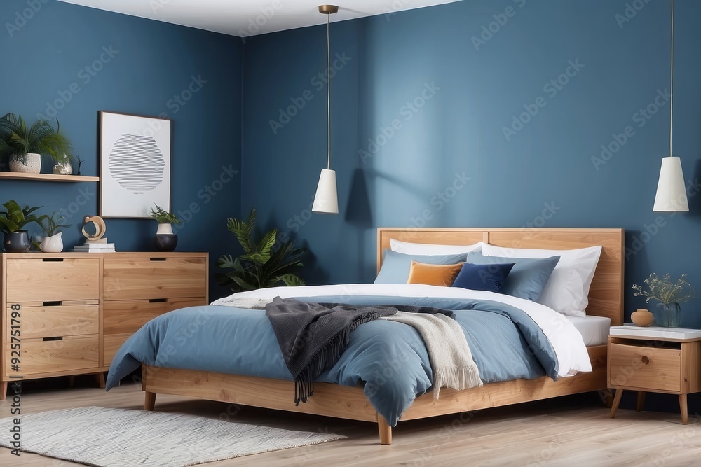 Fototapeta premium Modern bedroom interior with wooden bed, blue walls, and natural elements.