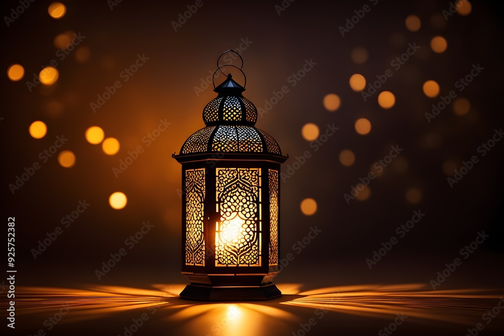 A lantern with a light inside is lit up in a dark room A lantern with a light inside is lit up in a dark room