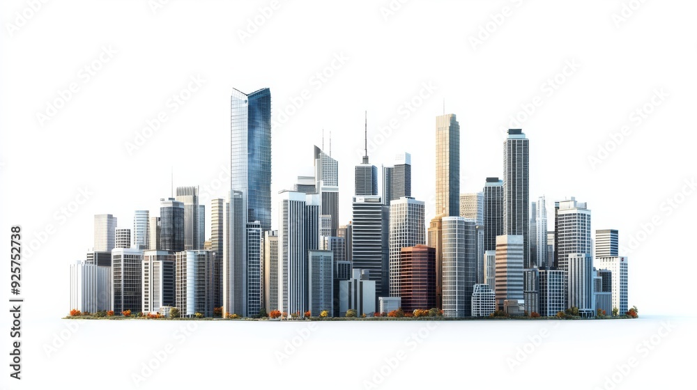 Photorealistic depiction of a modern urban skyline, prominently featuring a cluster of sleek high-rise buildings, all set against a stark white background, high quality photo Photorealistic depiction of a modern urban skyline, prominently featuring a cluster of sleek high-rise buildings, all set against a stark white background, high quality photo