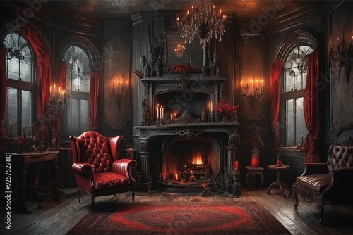 Gothic Living Room with Red Armchair and Burning Fireplace