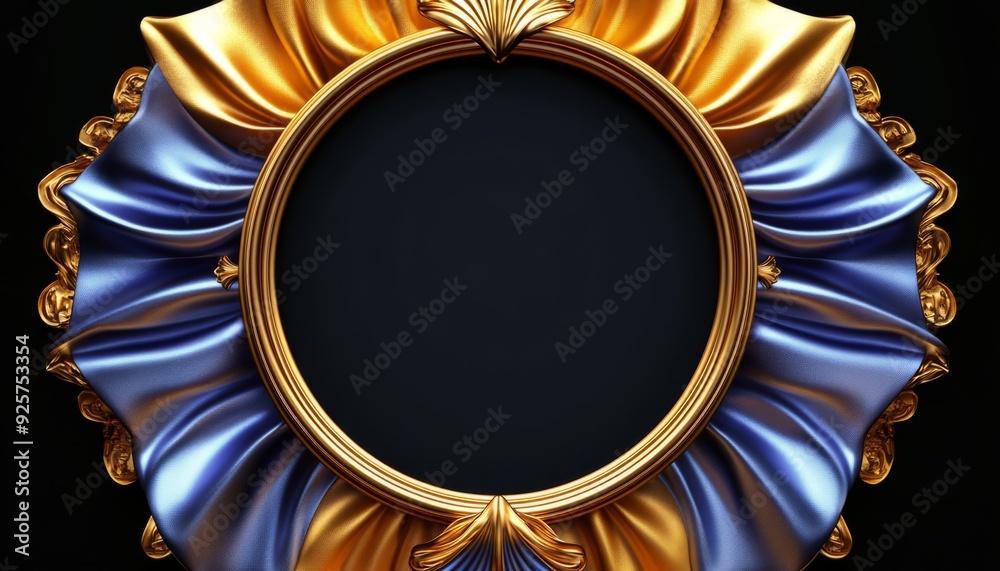 Fototapeta premium Ornate Golden Frame with Blue and Gold Drapery