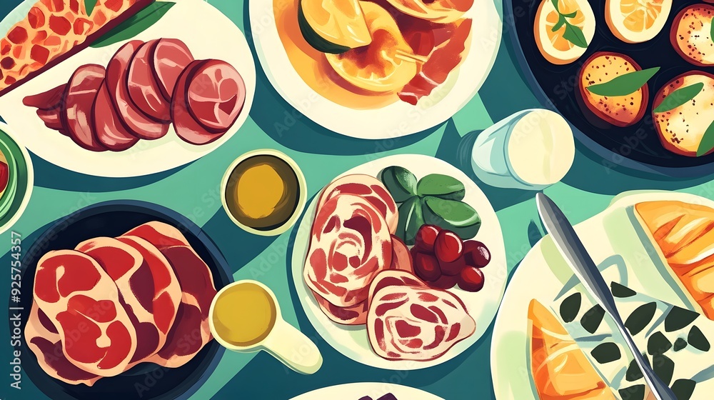 Spanish Cuisine Array Illustration, Vector Art Style, Paella and Charcuterie on Plates, Blue Tablecloth, Soft Lighting Spanish Cuisine Array Illustration, Vector Art Style, Paella and Charcuterie on Plates, Blue Tablecloth, Soft Lighting