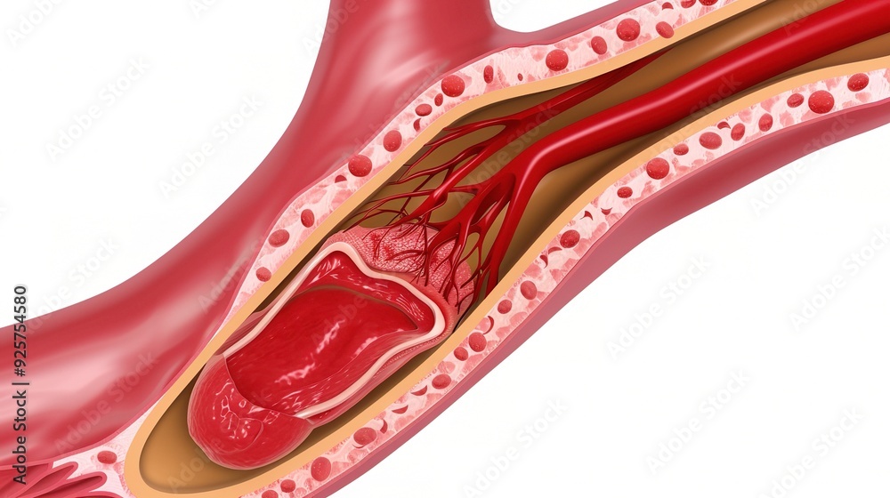 Intricate Vascular Thrombus Formation: Detailed Depiction of Clotting Process and Blood Vessel Obstruction. Medical Illustration for Health Education. Intricate Vascular Thrombus Formation: Detailed Depiction of Clotting Process and Blood Vessel Obstruction. Medical Illustration for Health Education.